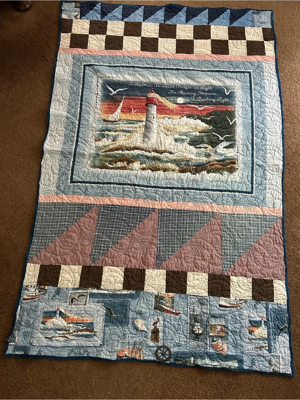 Nautical Coastal Lighthouse Patchwork Quilt-Beautiful swirl quilting. Cottage.